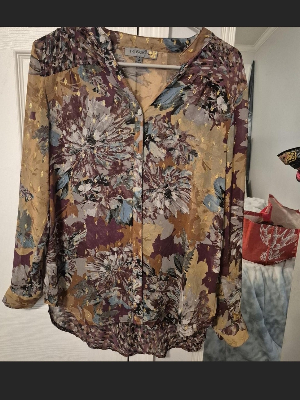Pixie & Diamond Floral Button-Front Blouse in Mustard & Plum